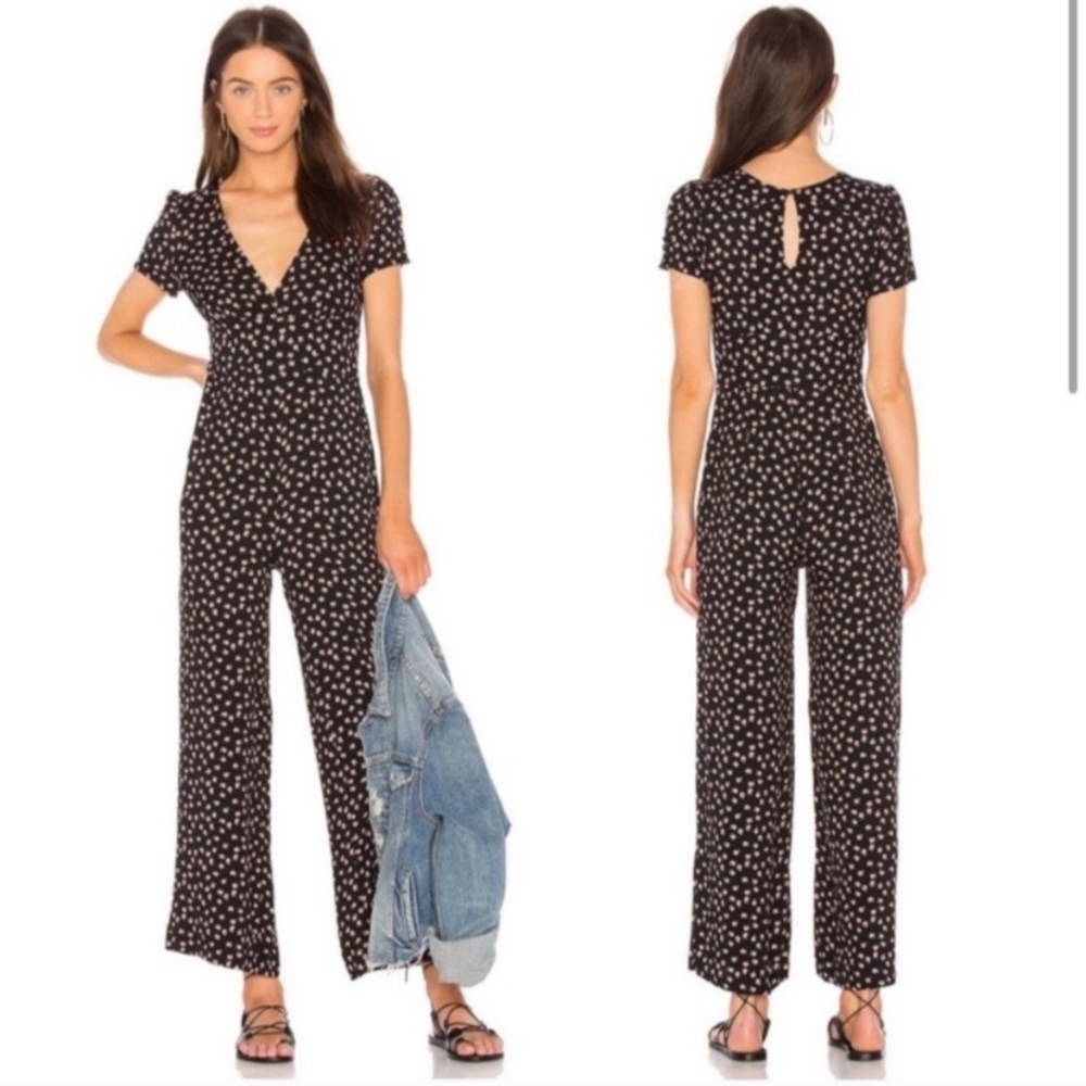 Free People Black Floral Short-Sleeve V-Neck Jumpsuit